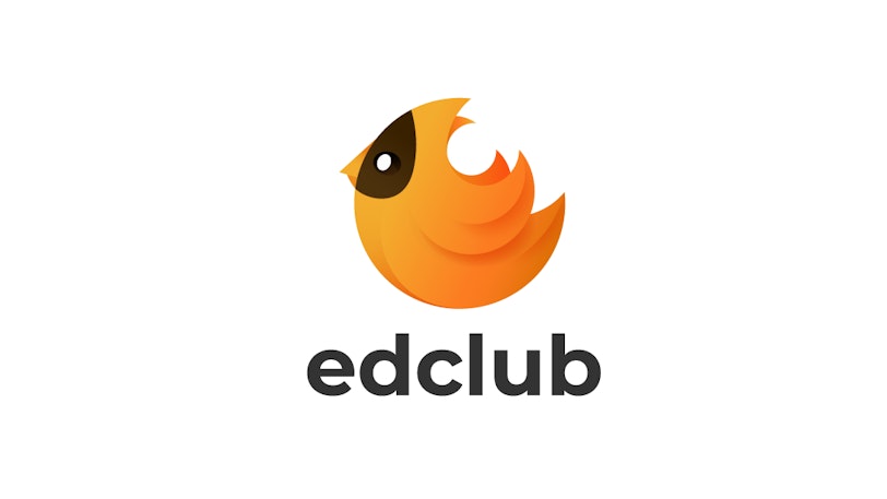 The words edclub in lowercase letters below the side view of a cartoon orange colored bird with a black face.
